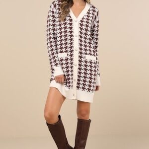Lulus x LUSH Truly Iconic Ivory And Brown Houndstooth Cardigan Sweater Dress